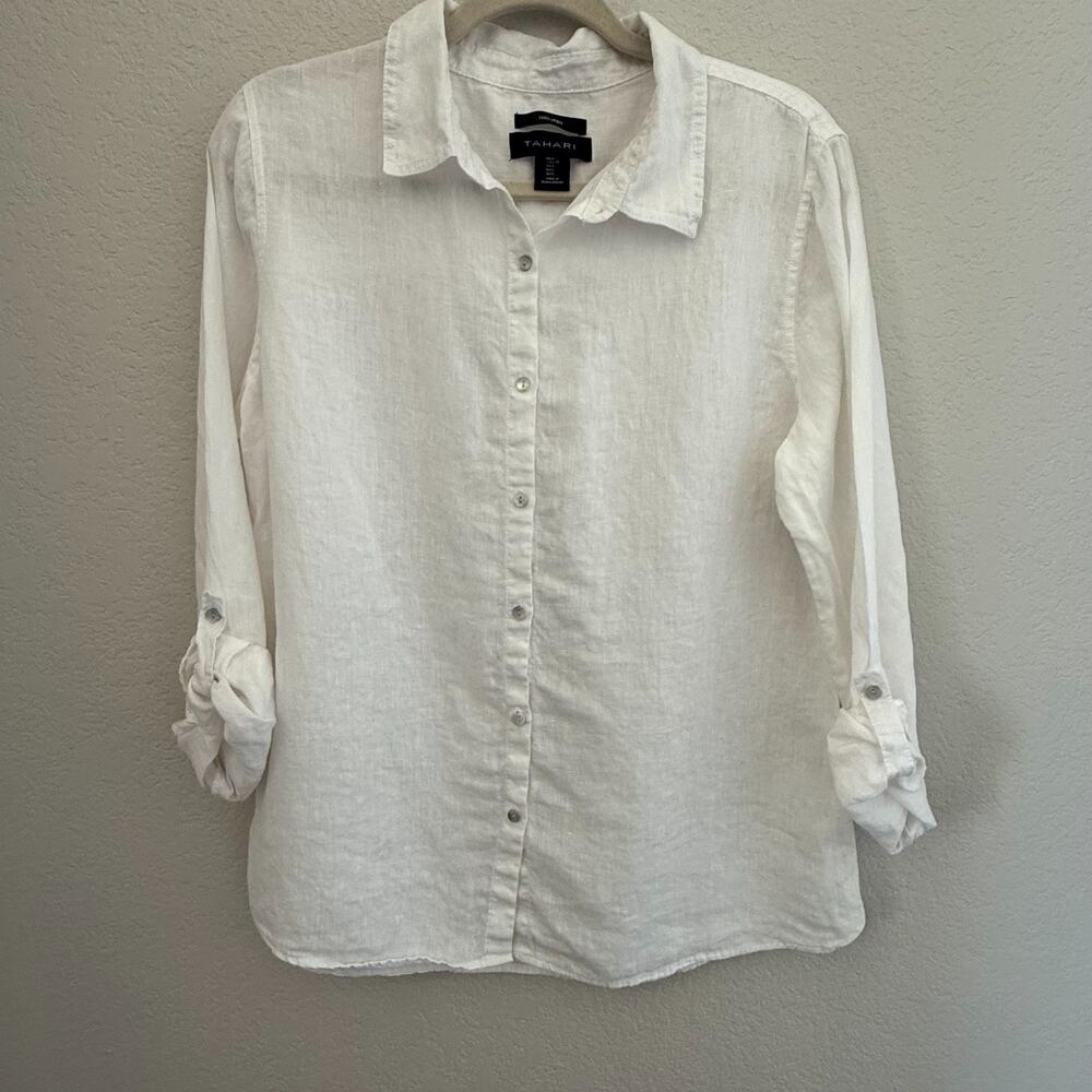 Tahari 100% Linen Button Front Shirt White Roll-Tab Sleeve Coastal Women’s L